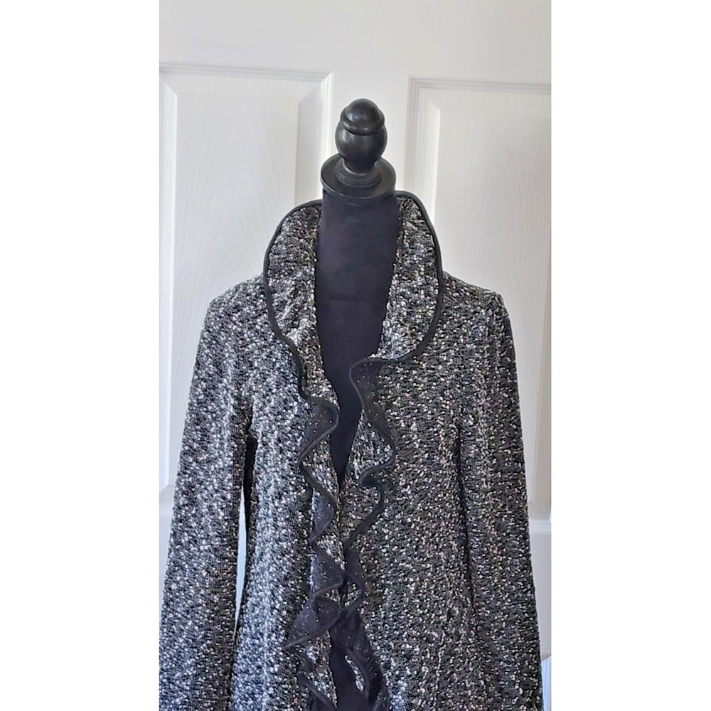 Joseph Ribkoff Jacket Lightweight Blk & Wht Tweed Ruffled Collar to Hem - Picture 13 of 15